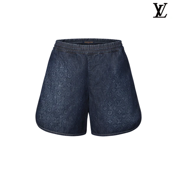 Louis Vuitton Dark Blue Monogram Embossed Elastic Waist Denim Shorts