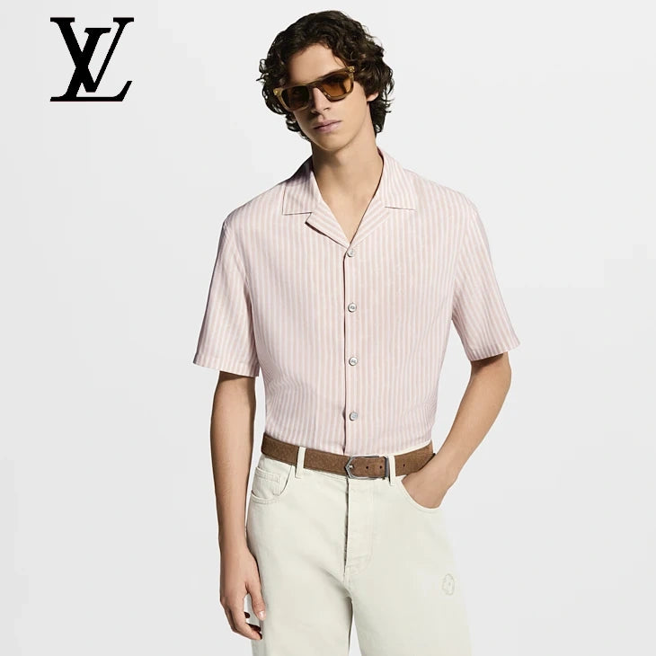 Monogram Striped Silk Short-Sleeved Shirt