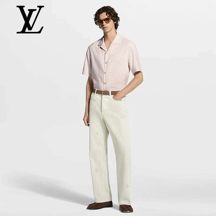 Monogram Striped Silk Short-Sleeved Shirt