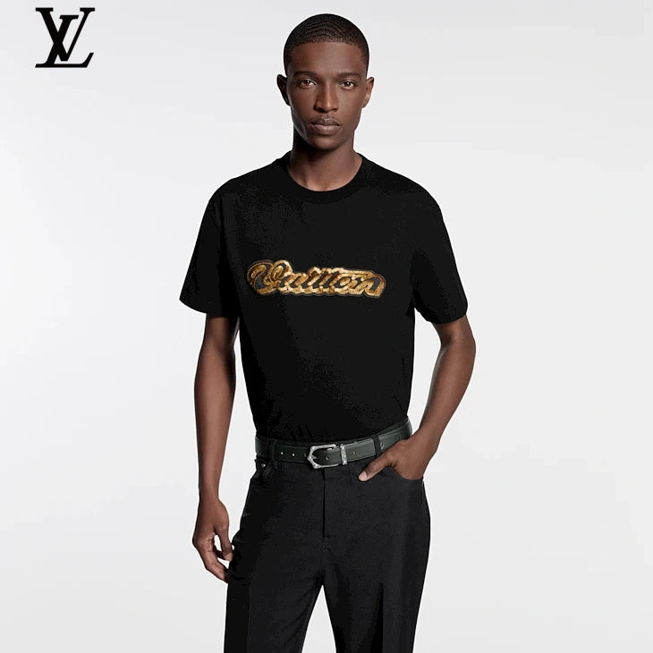 Louis Vuitton Gold Sequin Script Logo T-Shirt