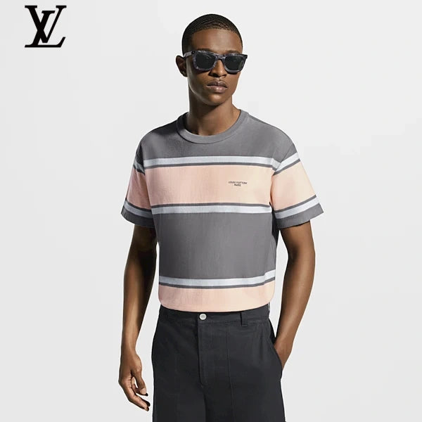 Louis Vuitton Grey Pink Striped Cotton Short Sleeve Tee Mini Logo