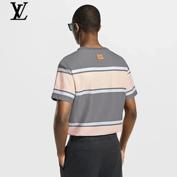 Louis Vuitton Grey Pink Striped Cotton Short Sleeve Tee Mini Logo